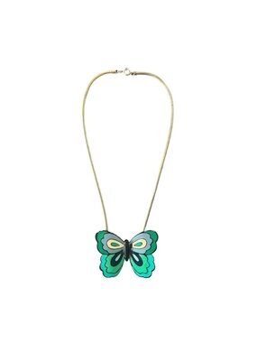 Eisenberg • Vintage Enamel Modernist Butterfly Pendant Necklace Gold Tone Green